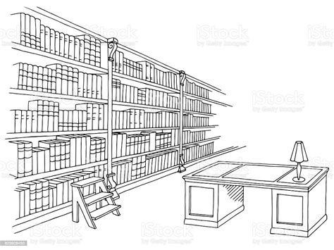 Library Room Interior Black White Graphic Sketch Illustration Vector