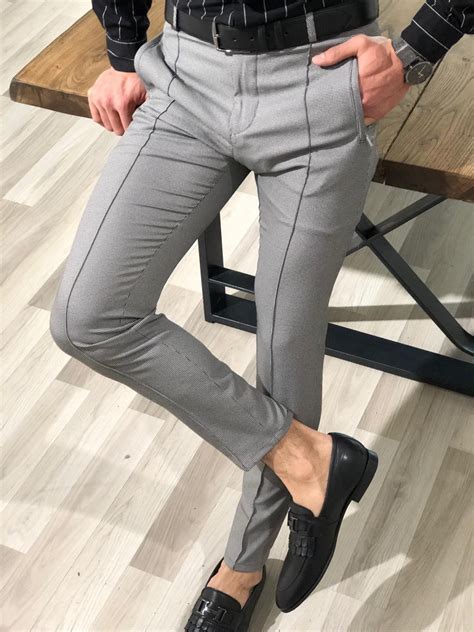 Slim Fit Patterned Pants In Gray Bojoni Men Pants Pattern Mens Pants Fashion Men Fashion