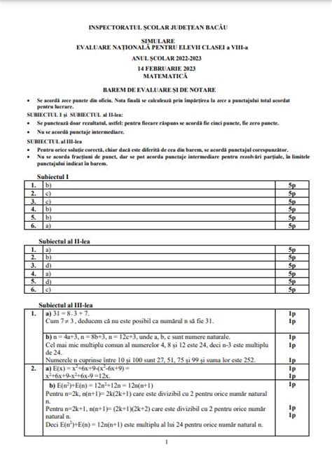 Simulare Evaluare Nationala 2023 Judetul Bacau Subiectele Si Baremul