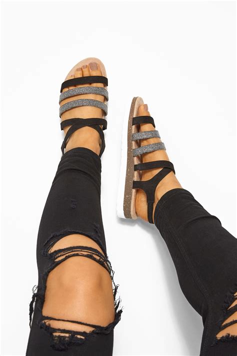 Black Glitter Strappy Sandals In Extra Wide Fit Yours Clothing