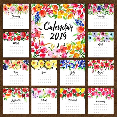 Premium Vector 2019 Watercolor Floral Annual Calendar