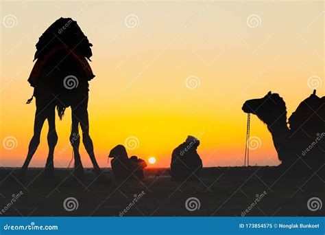 Silhouette On Two Men Sitting On Thar Desert In Jaisalmer Stock Image