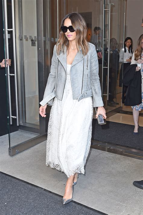 Silver And Suede Jessica Albas White Lace Midi And Moto Jacket Look