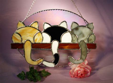 Stained Glass Suncatcher 3 Kittens Looking Out Of The Window Etsy Stained Glass Art Stained