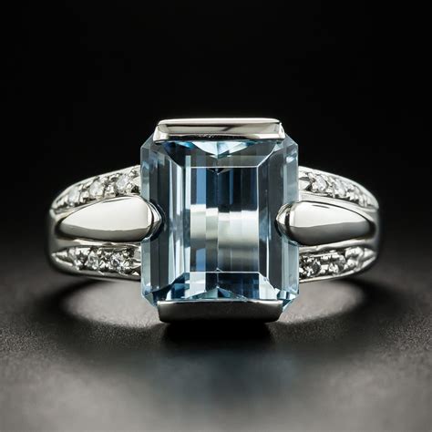 Estate Emerald Cut Aquamarine Platinum Diamond Ring Antique And Vintage