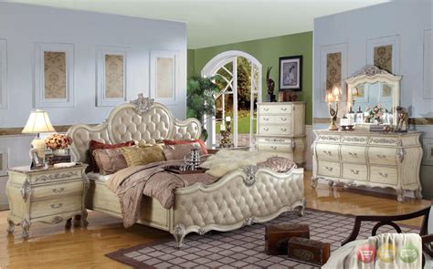 Includes king bed, dresser and mirror and 1 night stand. Antoinette White Leather Bed Traditional Bedroom Set w ...
