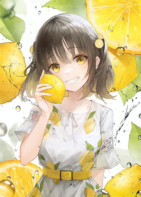 Girl Smile Lemons Lemonade Drops Yellow Anime Hd Phone Wallpaper