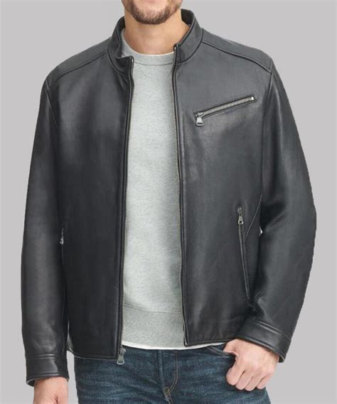 Mens Stand Up Collar Style Black Leather Jacket Danezon