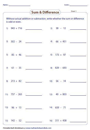 Adding And Subtracting Odd And Even Numbers Worksheet