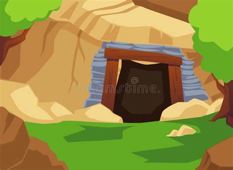 Old Abandoned Stone Cave Or Mine Entrance Cartoon Flat Vector