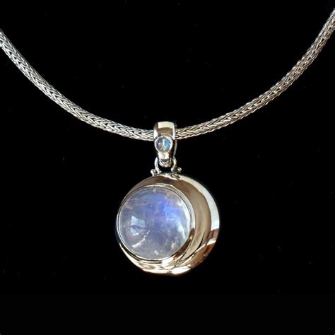 Rainbow Moonstone Crescent Moon Necklace Sterling Silver Rainbow