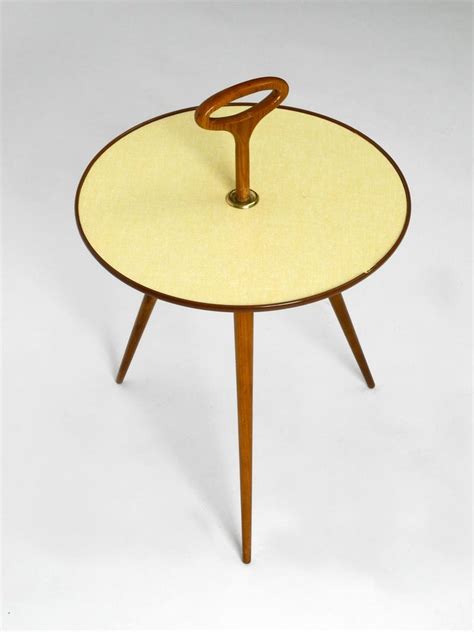 Rare Round Mid Century Modern Tripod Table With Walnut Handle And Legs