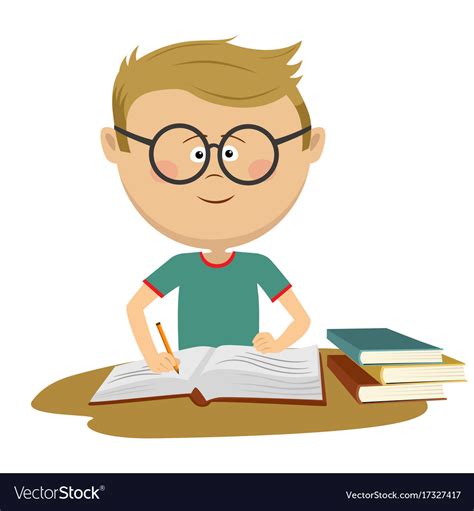 Little Nerd Boy With Glasses Doing His Homework Vector Image