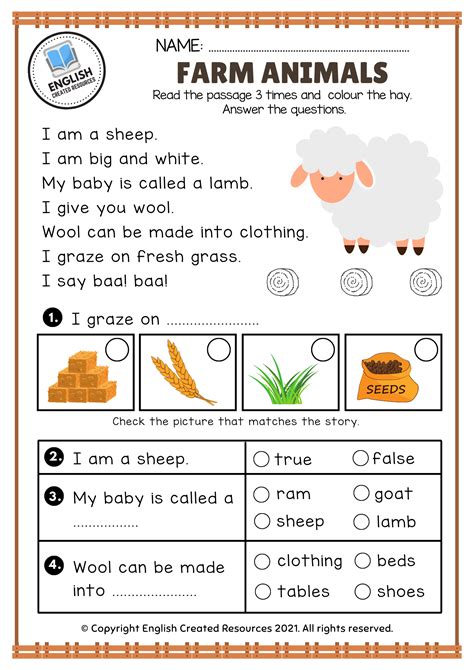 Reading Comprehension Farm Animals English Created Resources