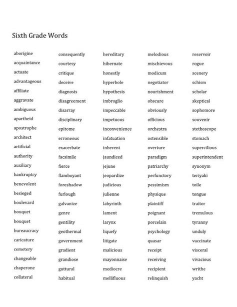 6th Grade Word List