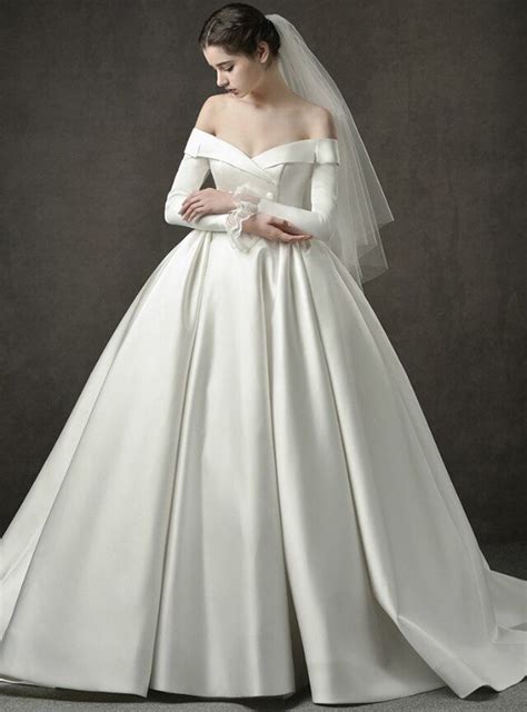 ivory white ball gown satin off the shoulder long sleeve wedding dress sleeved wedding wedding