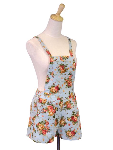 En Creme Spring Country Girl Floral Print Front Pocket Linen Overall