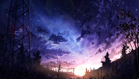 Download 4872x2791 Anime Landscape Falling Stars Sunset Clouds