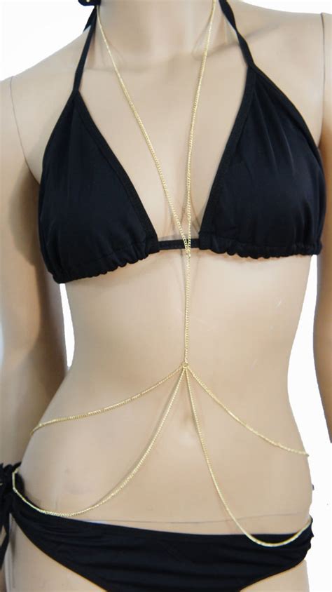 Multi Layered Crossover Thin Body Chain Harness Long Bikini Beach Necklace Waist Belt Dangle
