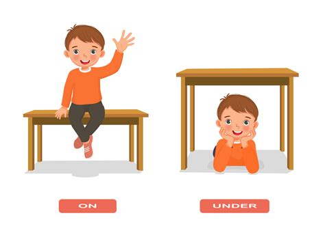 Preposition Of Place Illustration Little Boy Sitting On And Under The