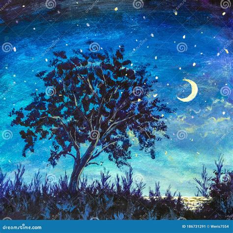 Oil Painting Starry Night With Lonely Tree Stock Image Image Of