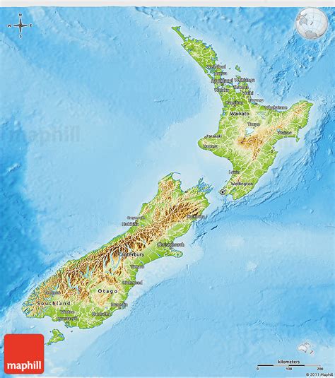 View new zealand country map, street, road and directions map as well as satellite tourist map. Physical 3D Map of New Zealand, desaturated, land only