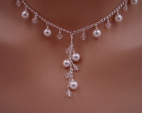 Bridesmaid Pearl Crystal Necklace Cascading Swarovski The