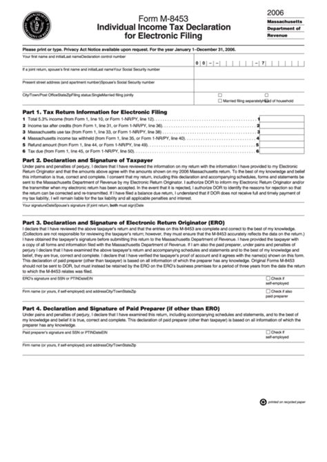 Form M 8453 Individual Income Tax Declaration For Electronic Filing