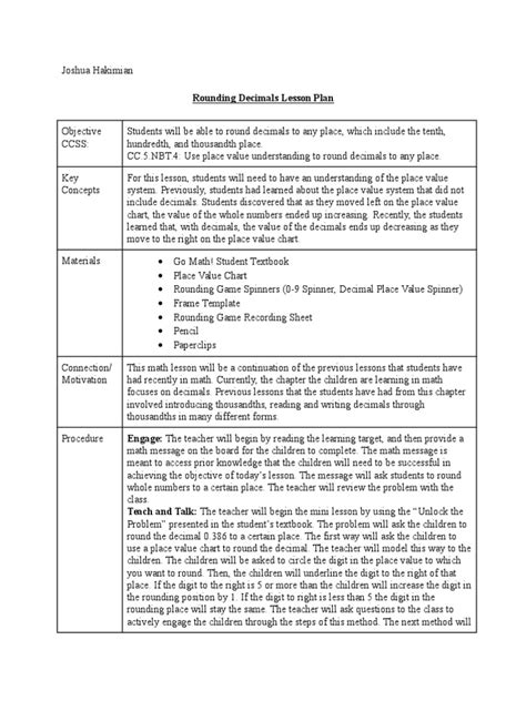 rounding decimals math lesson plan (4) | Worksheet | Teachers