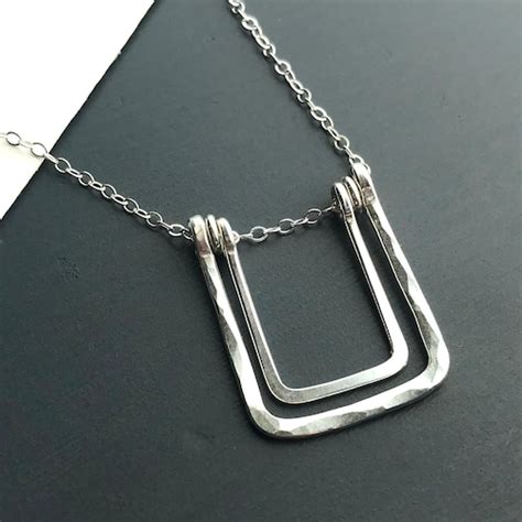 Long Silver Pendant Necklace Sterling Silver Hammered Square Etsy