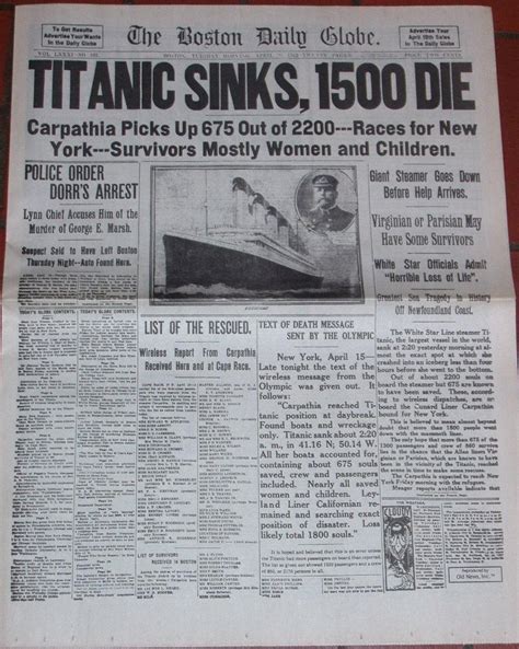 Titanic Sinks 1500 Die Newspaper April 1912 Historical Reproduction