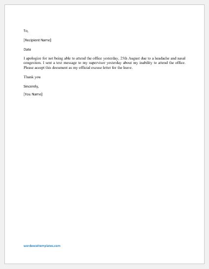Short Term Absence Excuse Letters Samples Word Excel Templates