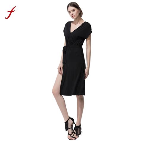 Feitong Women Black Dress Fashion Vintage Dresses Sexy V Neck Short Sleeve Split Ladies Party