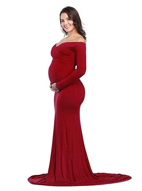 Justvh Maternity Fitted Gown Cross Front V Neck Ruched Long Sleeve Maxi