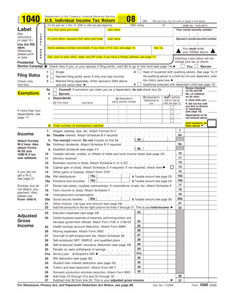 1040 Us Individual Income Tax Return Filing Status Exemptions