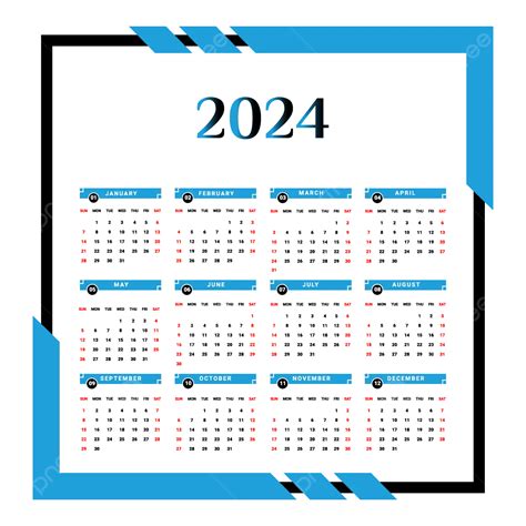 Calendario Anual 2024 Con Estilo único Azul Cielo Y Negro Vector Png