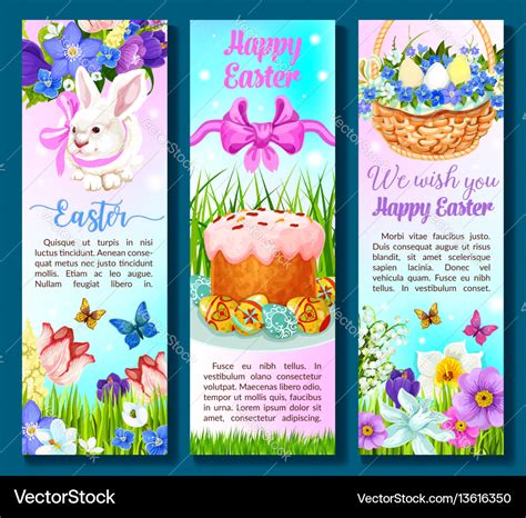 Easter Paschal Cake Eggs Flowers Banners Vector Image