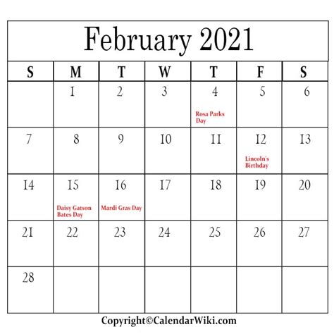 February 2021 Calendar With Holidays February Holidays 2021