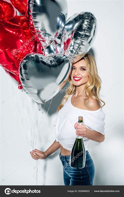 Picture Happy Girl With Balloons Happy Blonde Girl Holding Balloons Bottle Champagne White