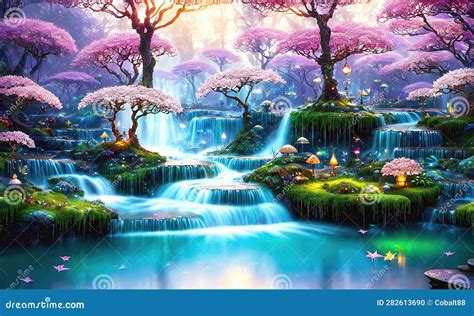 Paradise Land With Beautiful Gardens Waterfalls And Flowers Magical