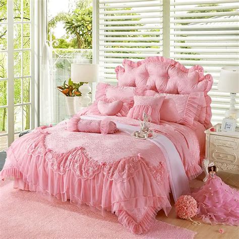Pink Jacquard Silk Princess Style Bedding Set 4pcs Silk Lace Ruffles Duvet Cover Bedspread Bed