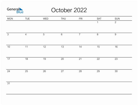 Printable October 2022 Monthly Calendar Monday Start