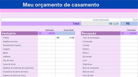 Planilha De Orçamento Para Casamento Tudo Excel