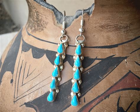 Long Earrings Turquoise Dangles Native American Indian Style