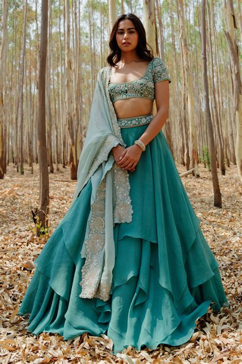 Buy Green Lehenga And Dupatta Organza Hand Embroidered Gemma Layered Set For Women By Mishru