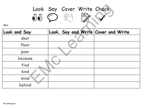 Year 2 Common Exception Words Spelling Lists Look Say Cover Write Check