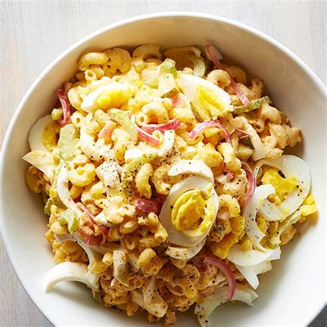 This pasta salad loaded with real bacon bits and hard boiled eggs is perfect for potlucks and bbqs. Deviled egg macaroni pasta salad recipe | Eat Your Books