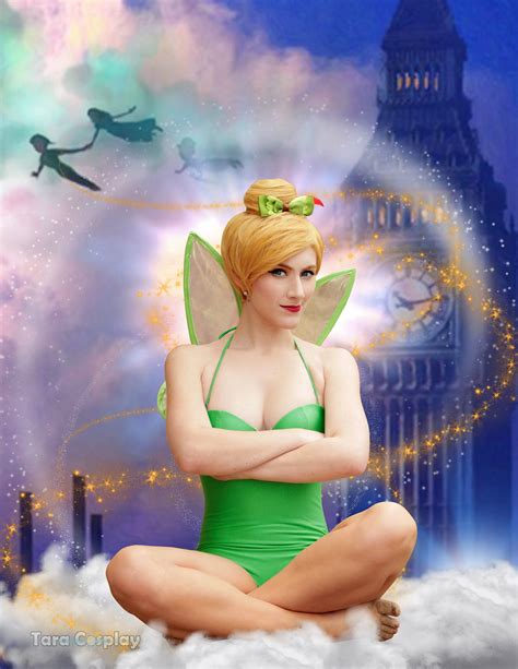 A Painting Of A Woman Dressed As Tinkerbell Sitting In The Clouds Next