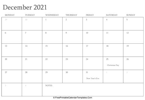 Printable 2021 calendar monday to sunday December 2021 Editable Calendar with Holidays and Notes