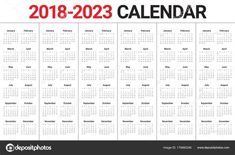 Year 2018 2019 2020 2021 2022 2023 Calendar Vector — Stock Vector